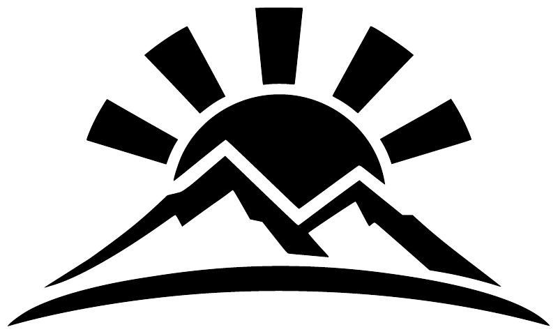 Black-and-white vinyl decal close-up: sunrise sun over layered mountain peaks