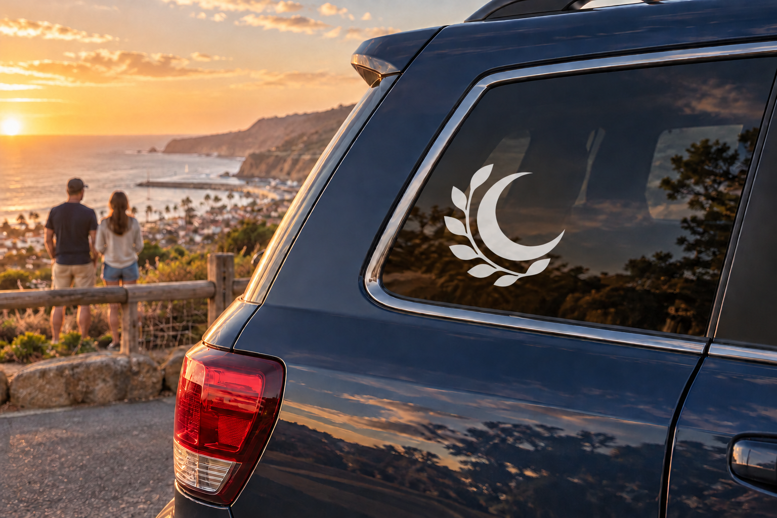 GreekTitanCX025 vinyl decal: black crescent moon with leaf branch on car window