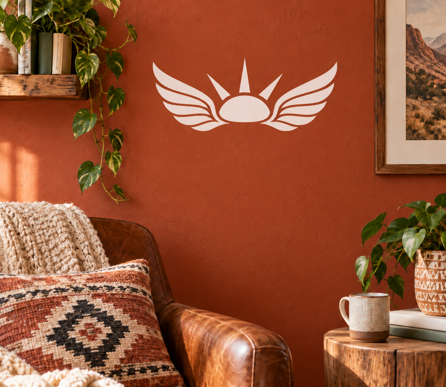 Winged sunrise vinyl decal with white wings and sun icon, GreekTitanCX027