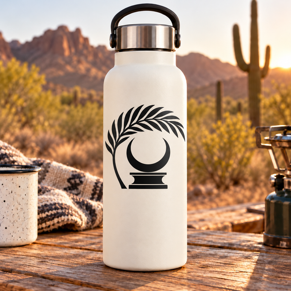 Black palm crescent vinyl decal with Greek key base on white bottle