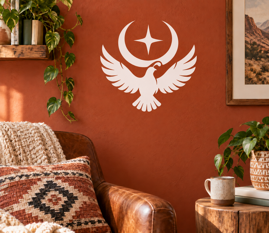 White vinyl decal of crescent moon, star, and stylized bird with spread wings