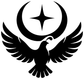 Black and white vinyl decal of crescent moon, star, and stylized bird with spread wings