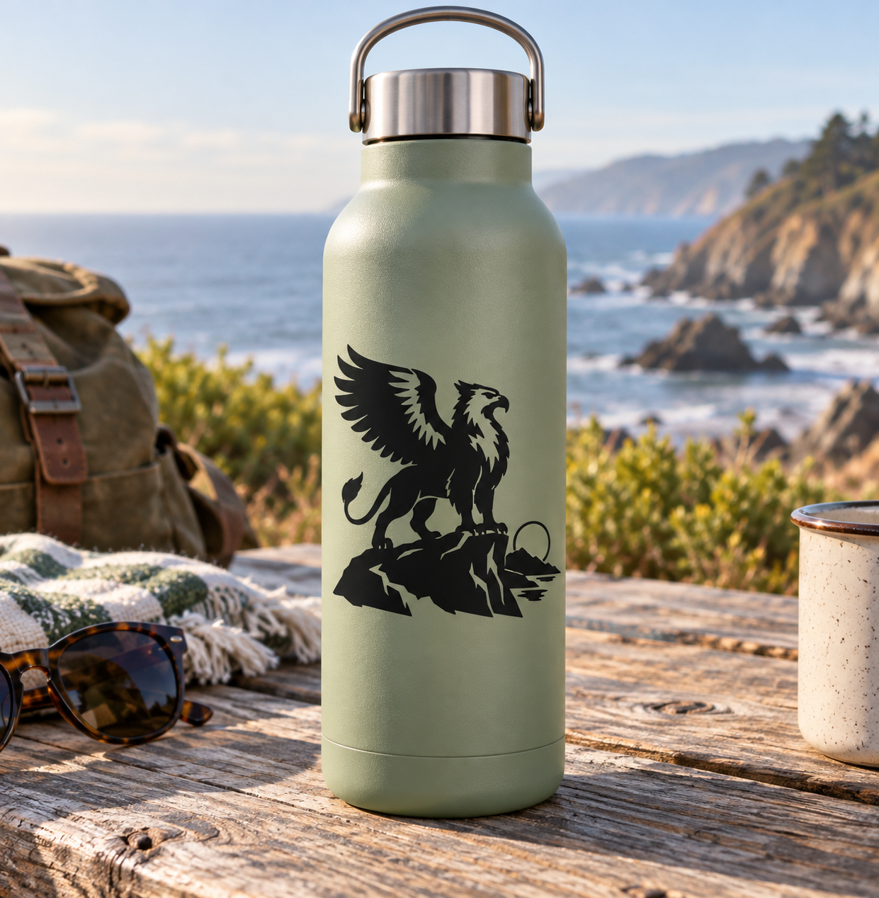 Vinyl decal of a black griffin on a light green bottle