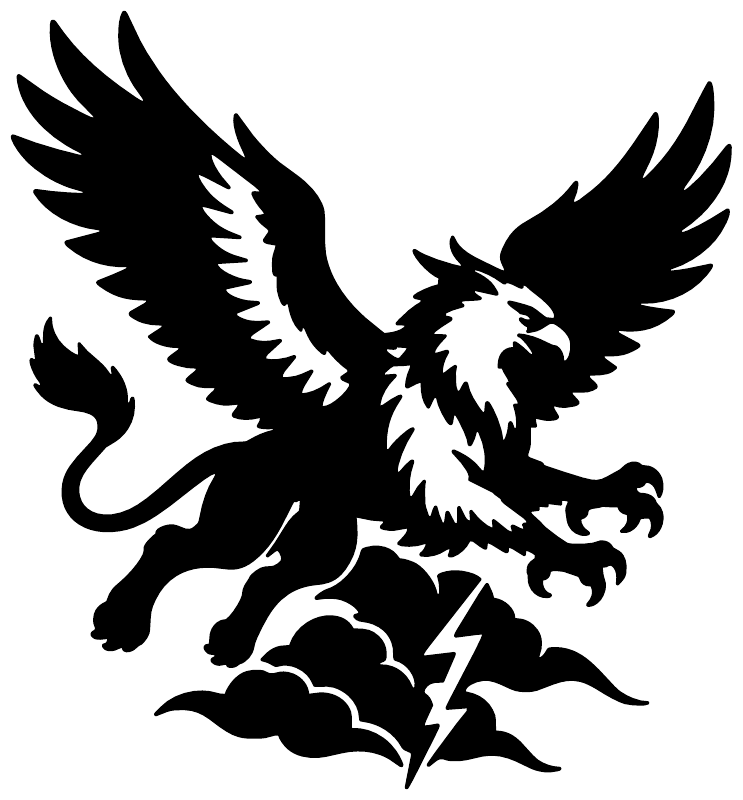 Black and white flying griffin decal with storm clouds and lightning bolt