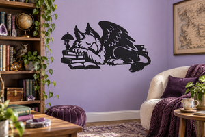 Griffin reading books vinyl wall decal, black and white silhouette