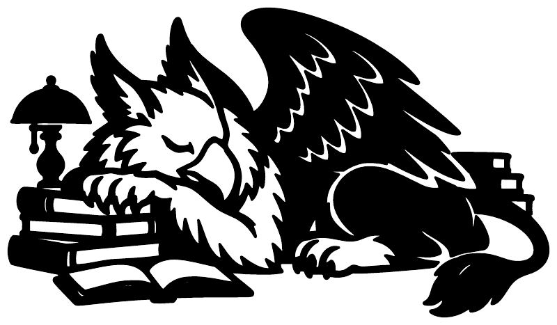 Griffin with books vinyl decal, black silhouette with white cutout details