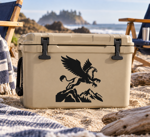 Black griffin vinyl decal on a light tan rectangular cooler