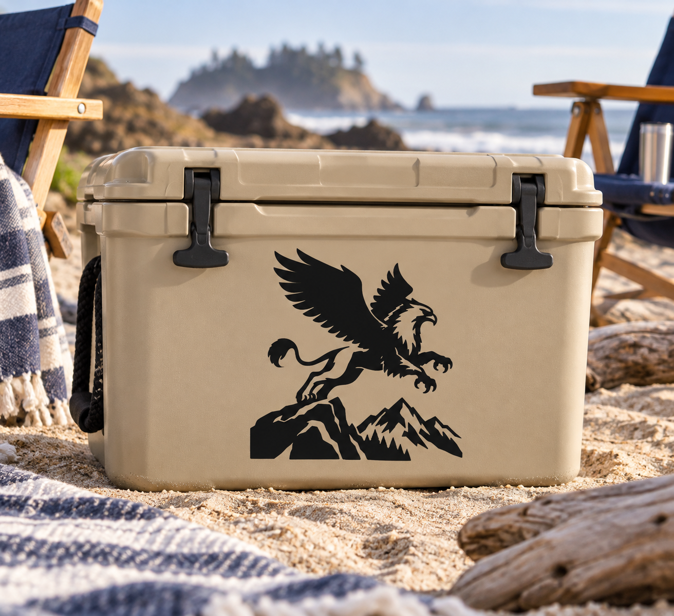 Black griffin vinyl decal on a light tan rectangular cooler
