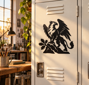 Oak Branch Sentinel vinyl decal showing black winged griffin and branches on mailbox door