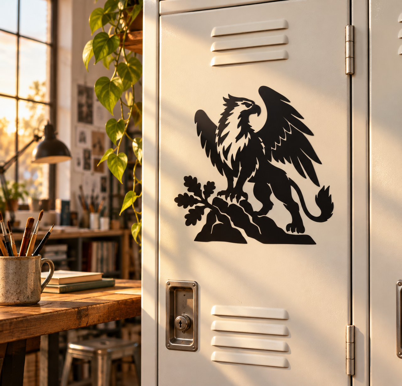 Oak Branch Sentinel vinyl decal showing black winged griffin and branches on mailbox door