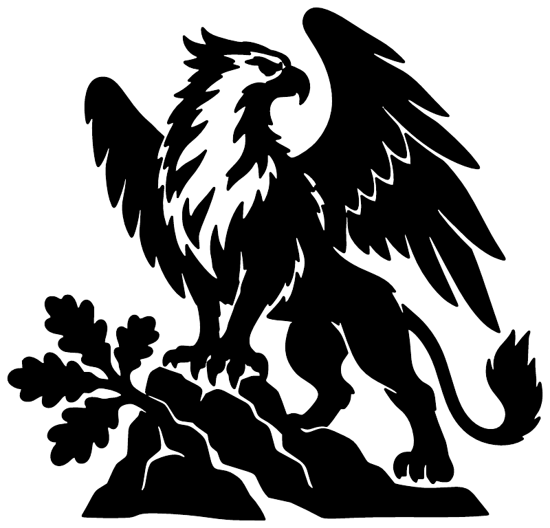 Oak Branch Sentinel vinyl decal close-up: black winged griffin with branch and leaves