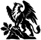 Oak Branch Sentinel vinyl decal close-up: black winged griffin with branch and leaves