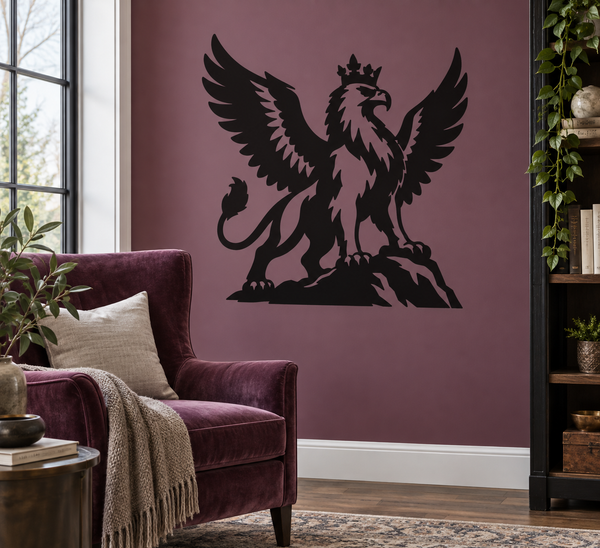 Griffin vinyl decal with feathered wings and crown, dark silhouette