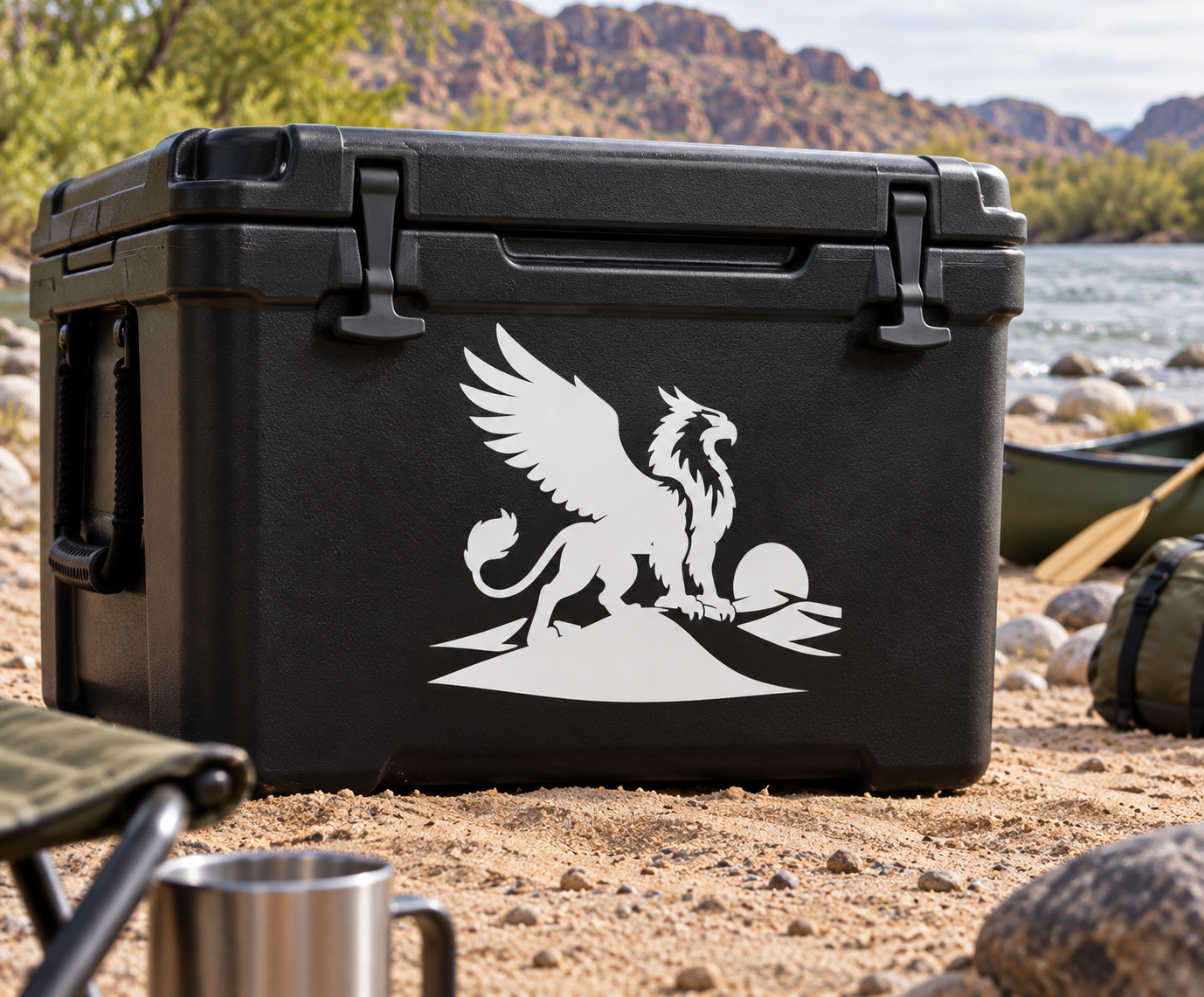 White griffin vinyl decal with wings spread and curved tail on dark background
