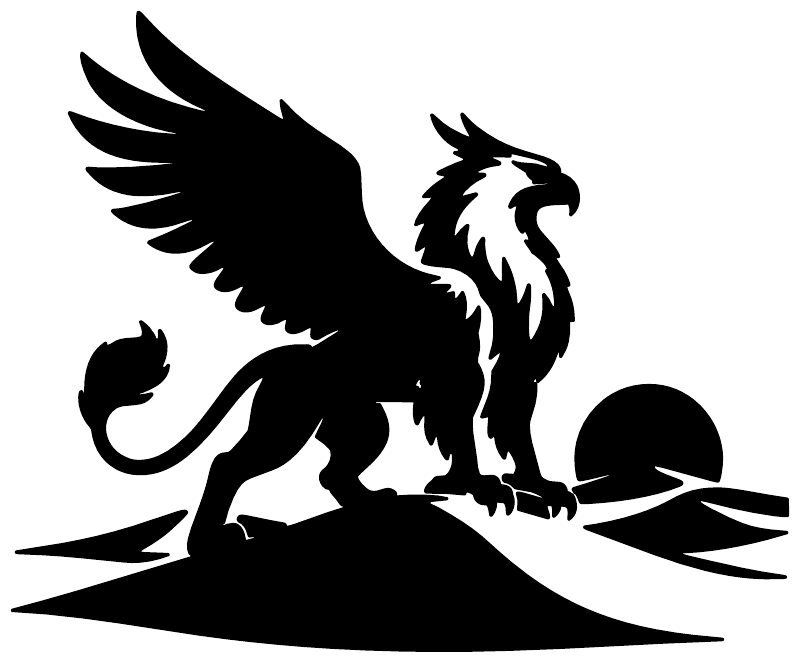 Black griffin vinyl decal silhouette with wings wide and clawed paws on a base
