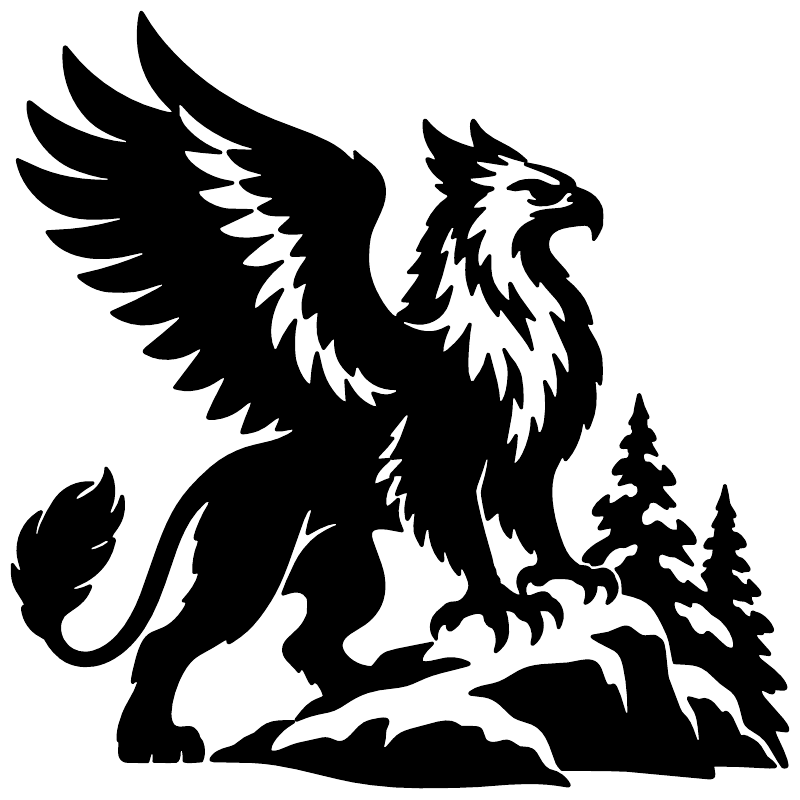 Winter pine griffin vinyl decal close-up: black griffin with pine trees and claws
