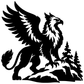 Winter pine griffin vinyl decal close-up: black griffin with pine trees and claws
