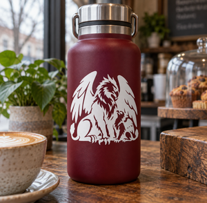 White griffin vinyl decal on a maroon drink bottle