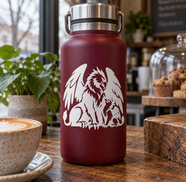 White griffin vinyl decal on a maroon drink bottle