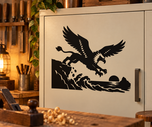 Black ocean cliff dive vinyl decal with winged griffin silhouette and wave splash on door