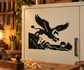 Black ocean cliff dive vinyl decal with winged griffin silhouette and wave splash on door