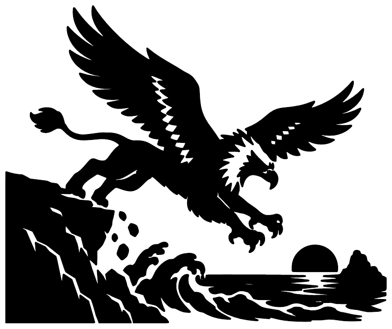 Black griffin diving vinyl decal silhouette over ocean waves with rocky cliff edge