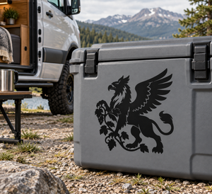 Vinyl griffin garden decal on gray outdoor cooler, black winged crest with vines