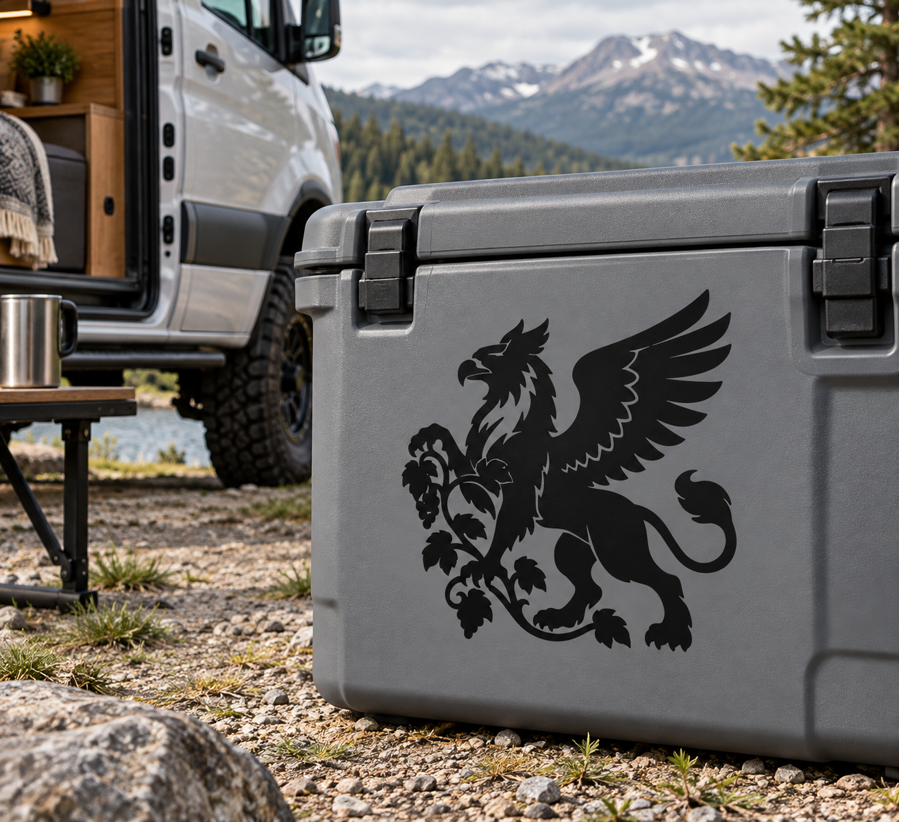 Vinyl griffin garden decal on gray outdoor cooler, black winged crest with vines