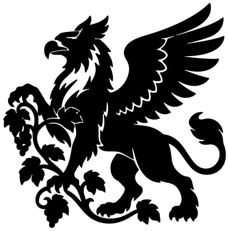 Winged black vinyl griffin decal with floral vines, bold silhouette