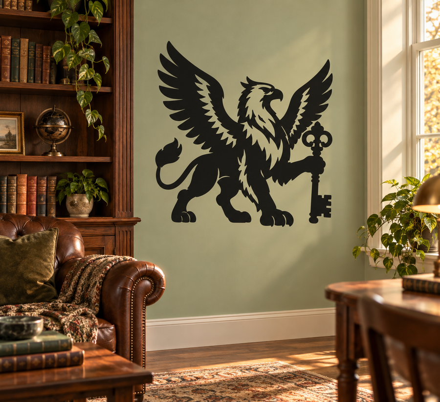 Vinyl decal of a black winged griffin holding a key, guardian wall sticker