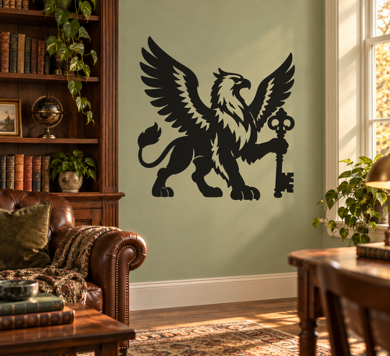 Vinyl decal of a black winged griffin holding a key, guardian wall sticker