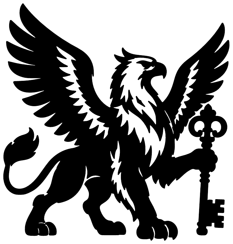 Vinyl decal close-up: black winged griffin gripping a key, bold silhouette
