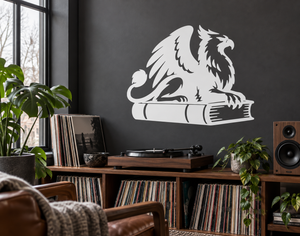 Black and white vinyl griffin-on-book decal, griffin resting on open book