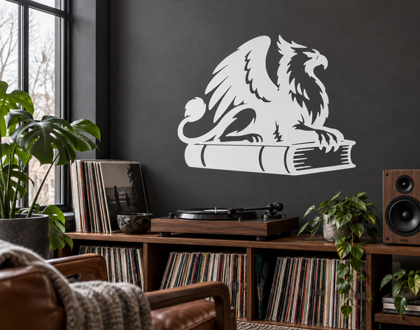 Black and white vinyl griffin-on-book decal, griffin resting on open book