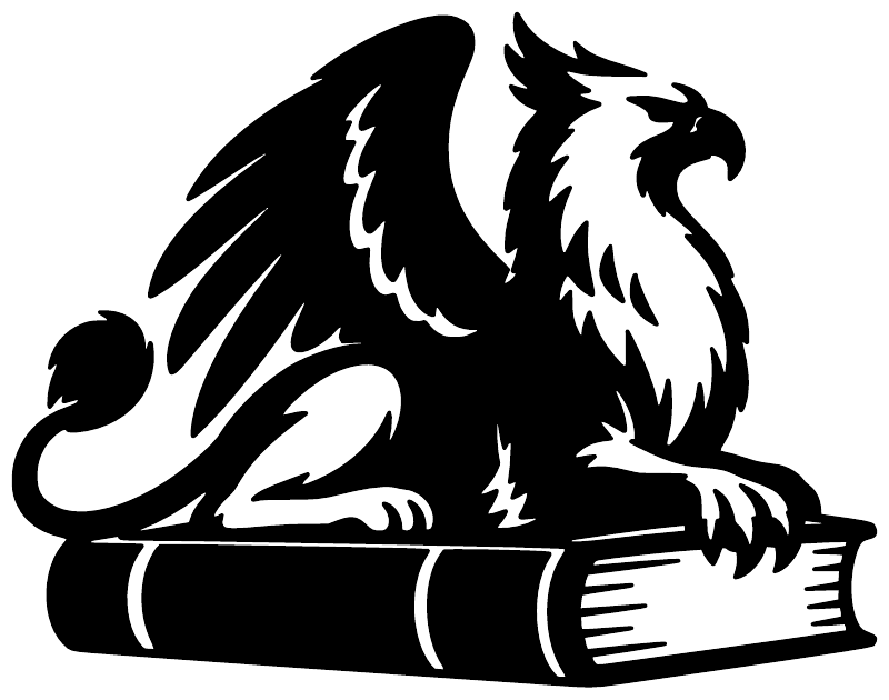 Black and white vinyl decal of a griffin resting on an open book