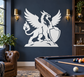 White vinyl griffin decal with flames and shield, full-wall size