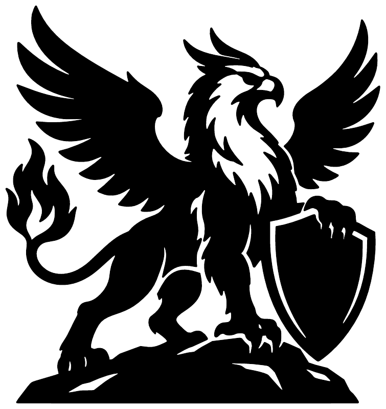 Black vinyl griffin decal with flames and shield, large centered silhouette