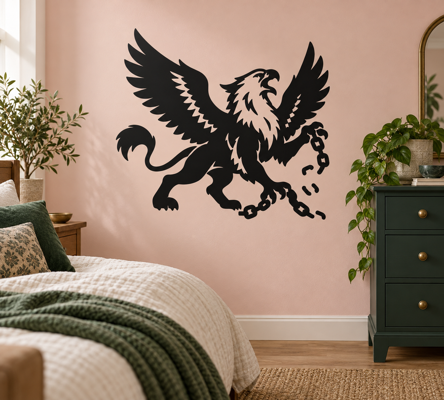 Broken chain griffin vinyl decal, black and white wings with linked chains