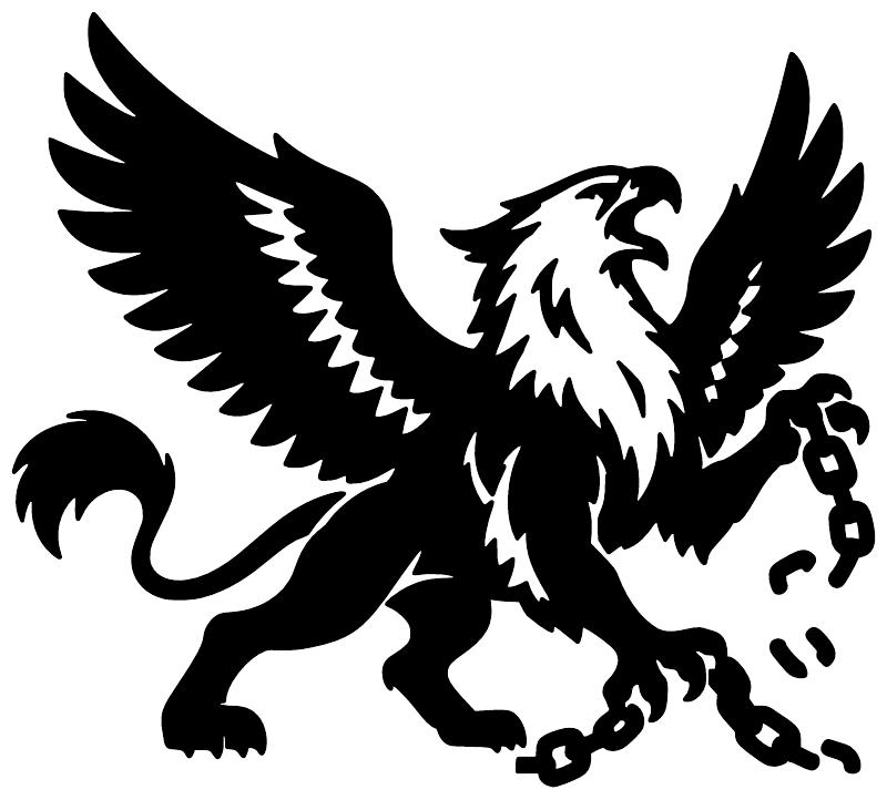 Griffin vinyl decal close-up, black wings, beard, and dangling chain links