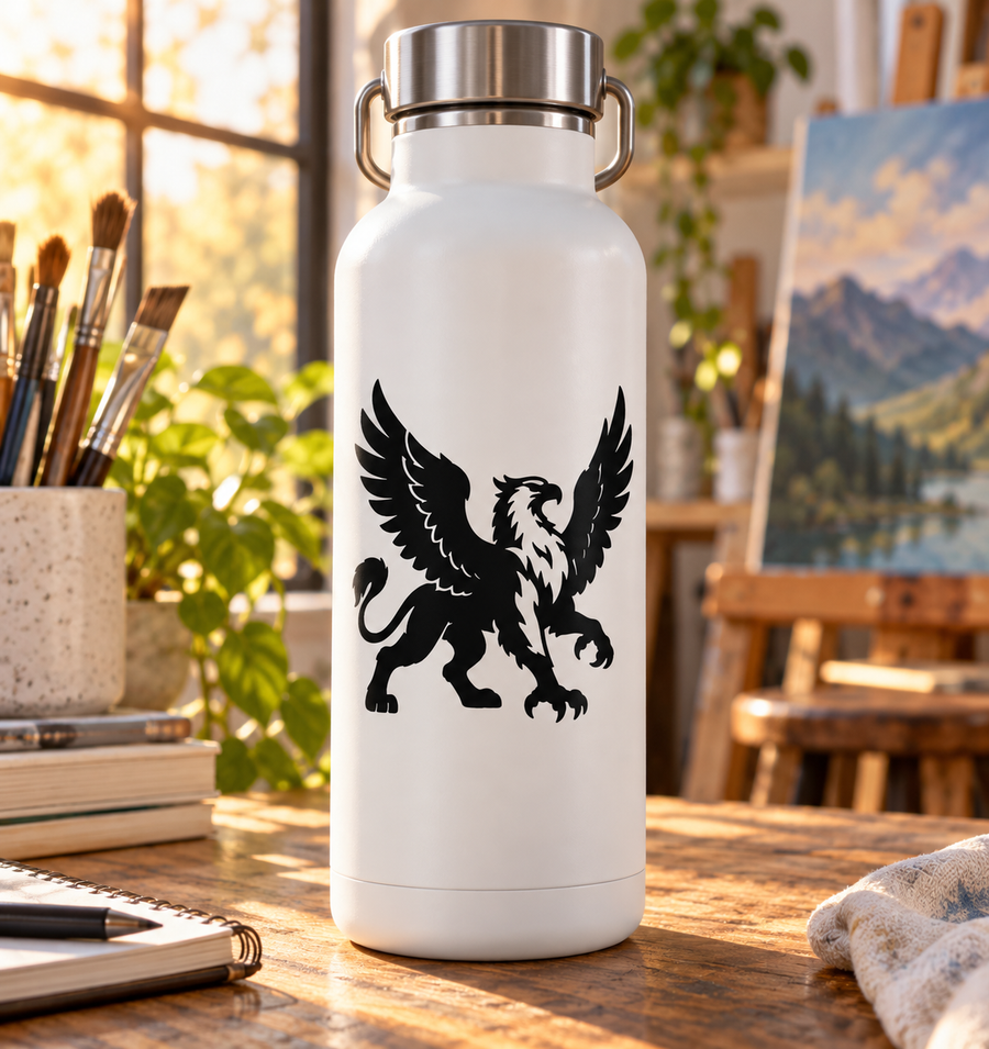 Winged griffin vinyl decal, black silhouette on a white bottle