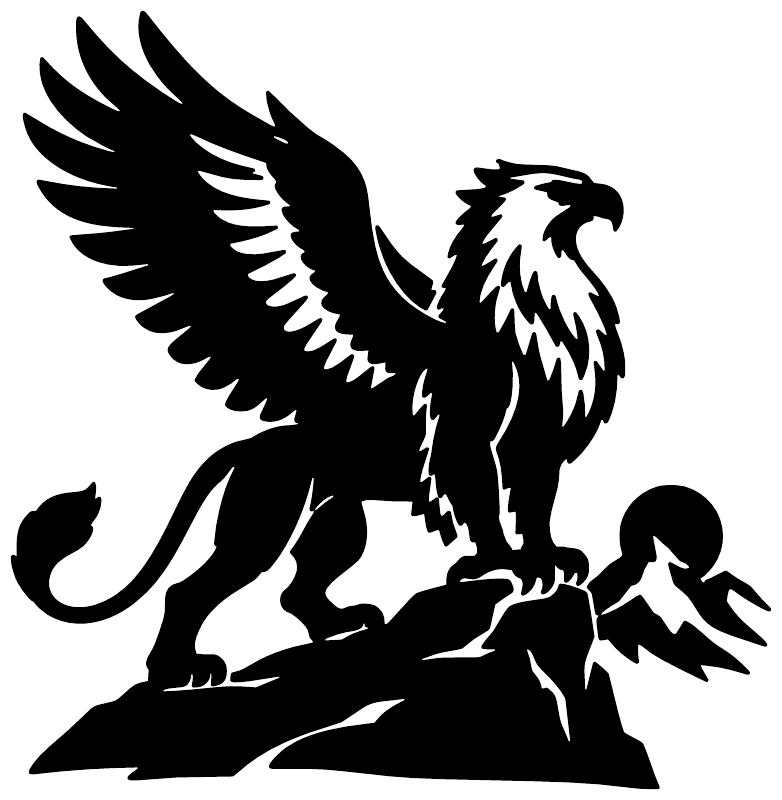 Vinyl decal graphic of a black and white griffin with spread-wing feather fan