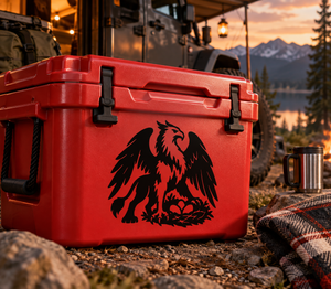 Red cooler with black griffin vinyl decal centered on the front