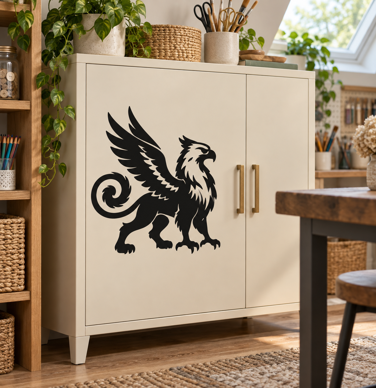 Vinyl decal of black griffin with spiral tail on cabinet door