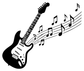 Electric guitar vinyl decal sticker with black guitar silhouette and flowing musical notes