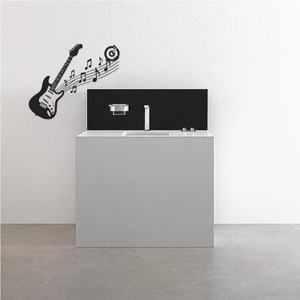 Black electric guitar wall decal with sweeping music notes and spiral halo swirl