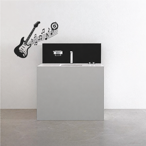 Black electric guitar wall decal with sweeping music notes and spiral halo swirl