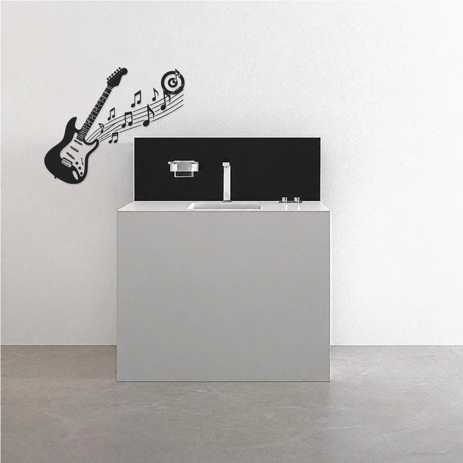 Black electric guitar wall decal with sweeping music notes and spiral halo swirl
