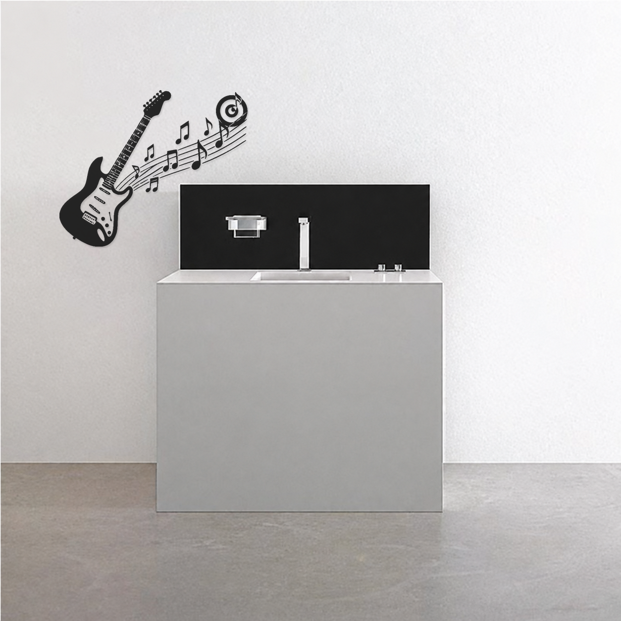 Black electric guitar wall decal with sweeping music notes and spiral halo swirl