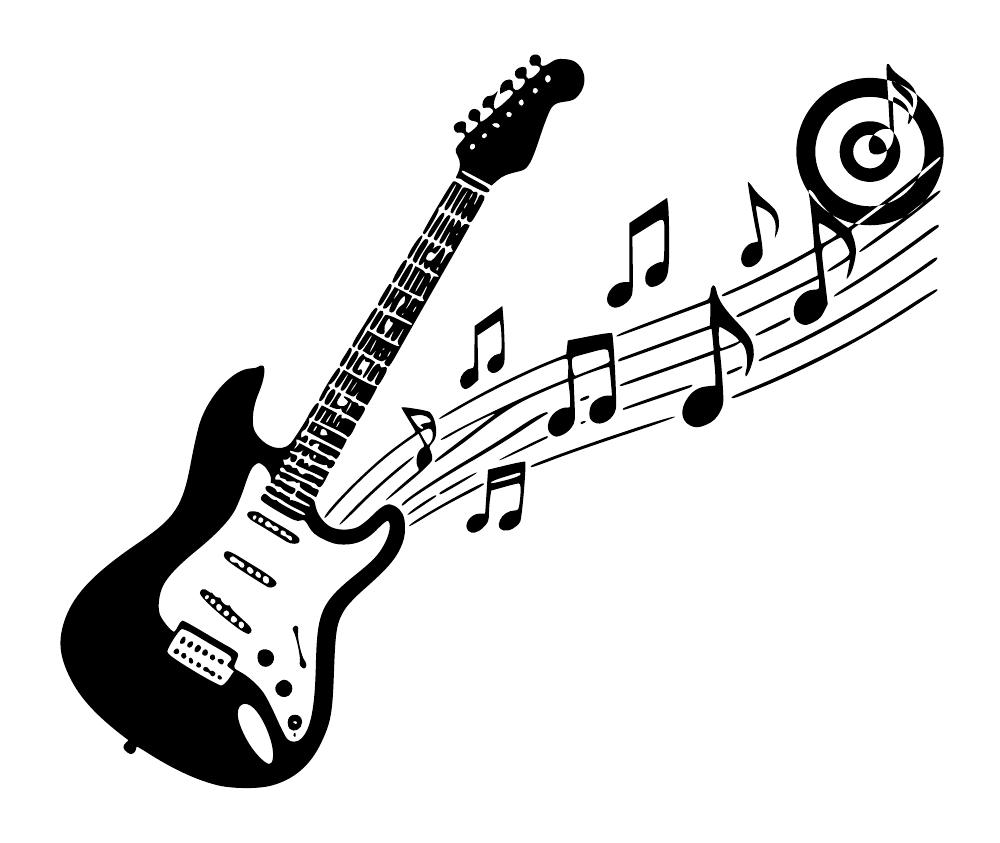 Black electric guitar decal with sweeping music notes, treble icons, and spiral halo