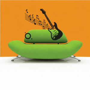 Green mirrored electric guitar with sweeping music notes and orbit dot halo